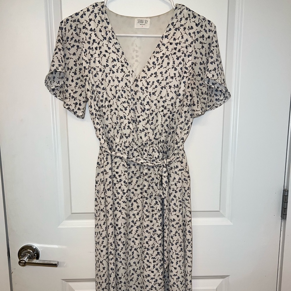 White and blue floral midi wrap dress